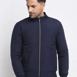 Spirit Men Navy Blue Mock Collar Bomber Jacket-image-36