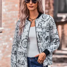 StyleCast Black Floral Printed Mandarin Collar Bomber Jacket-image-59