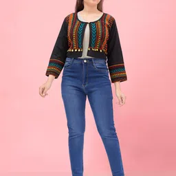 BAESD Girls Lightweight Striped Embroidered Detailed Cotton Tailored Jacket image 1