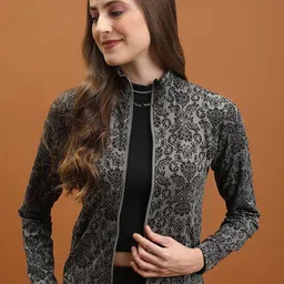 Tokyo Talkies Grey Floral Printed Mock Collar Jacquard Open Front Jacket-image-33