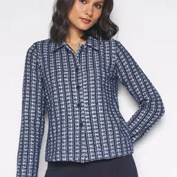 AND Self Design Spread Collar Long Sleeves Crop Tailored Jacket-picture-13