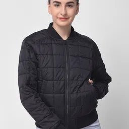 Woodland Women Black Floral Checked Crop Bomber Jacket-picture-36