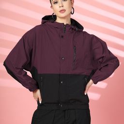 CHKOKKO Women Hooded Colourblocked Casual Bomber Jacket-picture-9