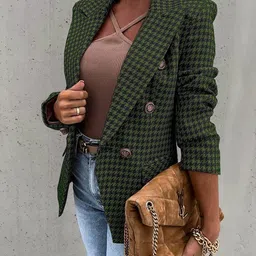 StyleCast Green Checked Notched Lapel Single-Breasted Longline Casual Blazer-picture-41