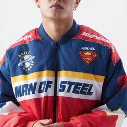 The Souled Store Navy Blue Superman Printed Lightweight Biker Jacket image 2