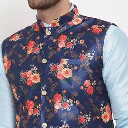 KRAFT INDIA Men Turquoise Blue Kurta with Churidar & Printed Nehru Jacket image 3