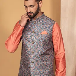 KISAH Men Blue Printed Nehru Jackets image 3