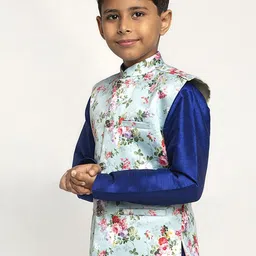 KRAFT INDIA Boys Blue & Pink Printed Satin Nehru Jacket image 3