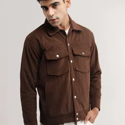 CHKOKKO Men Geometric Striped Corduroy Crop Tailored Jacket image 3
