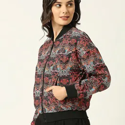 ANWAIND Red Abstract Printed Stand Collar Long Sleeves Bomber Jacket image 2