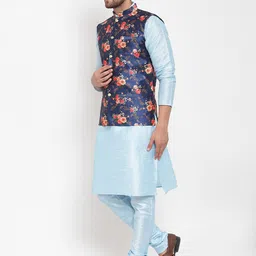 KRAFT INDIA Men Turquoise Blue Kurta with Churidar & Printed Nehru Jacket image 4