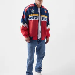 The Souled Store Navy Blue Superman Printed Lightweight Biker Jacket image 5