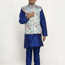 KRAFT INDIA Boys Blue & Pink Printed Satin Nehru Jacket image 4