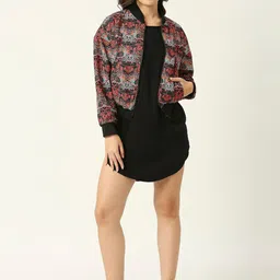 ANWAIND Red Abstract Printed Stand Collar Long Sleeves Bomber Jacket image 3