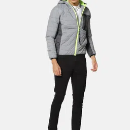 Campus Sutra Men Grey & Fluorescent Green Windcheater Puffer Jacket image 3