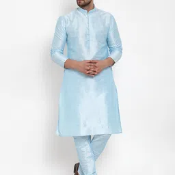 KRAFT INDIA Men Turquoise Blue Kurta with Churidar & Printed Nehru Jacket image 5