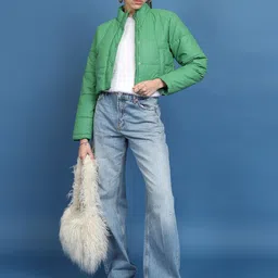 Tokyo Talkies Green Mock Collar Crop Padded Jacket image 3