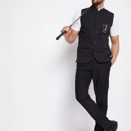 even Men Black & Grey Striped Woven Nehru Jacket image 4
