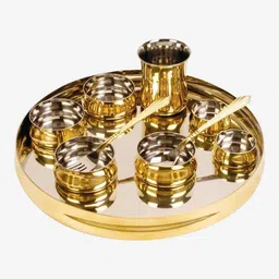 alluring homz Pack of 8 Brass, Stainless Steel Brass Steel Curved Thali Set, 8 Pieces Dinnerware for Home & Restaurant Dinner Set-picture-27