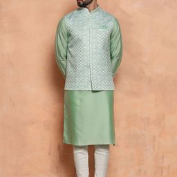 KISAH Mandarin Collar Kurta With Churidar & Nehru Jacket-picture-1