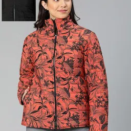 Oxolloxo Women Rust Black Floral Reversible Padded Jacket-image-46