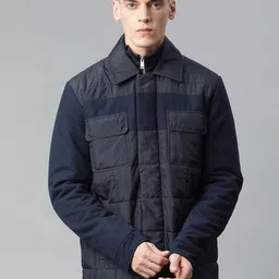 Matinique Men Navy Blue peacoat Checked Lightweight Longline Padded Jacket with Patchwork-picture-35