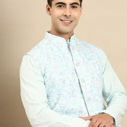 TheEthnic.Co Floral Printed Linen Nehru Jacket image 4