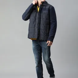 Matinique Men Navy Blue peacoat Checked Lightweight Longline Padded Jacket with Patchwork image 4