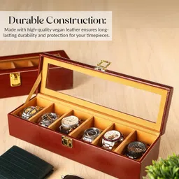 bainada polymers Watch and Bracelet Organizer Box 6 Slots | Brown Leather Finish with Glass Top Watch Box image 4