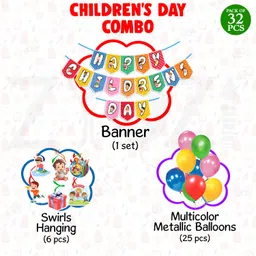 zyozi Multicolor Happy Children's Day Decoration-Banner,Balloons & Swirls (Pack Of 32) image 2
