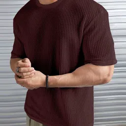 lewel Men Solid Round Neck Polyester Brown T-Shirt-picture-21