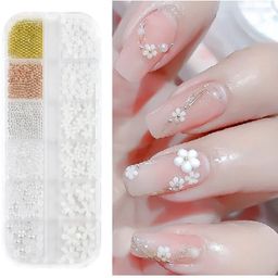 zehrvibe Professional 12 Grids DIY Nail Art Box - 3D White Flower, Gold Metal Beads-picture-0