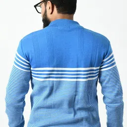 woolcraft Men Striped Round Neck Light Blue Sweater image 2