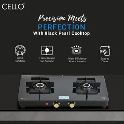 cello Black Pearl 2 Burner Toughened Glass Top Gas Stove, Brass Burners, Black Finish Glass Automatic Gas Stove image 2