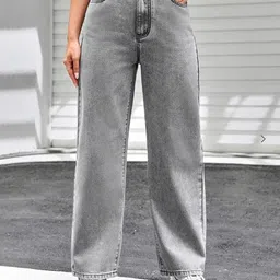 Women Loose Fit Mid Rise Grey Jeans-image-3