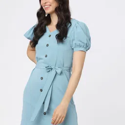 tokyo talkies Women Skater Blue Above Knee/Mid Thigh Length Dress-picture-11