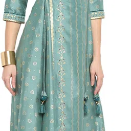 janasya Women Printed Silk Blend Asymmetric Kurta image 5
