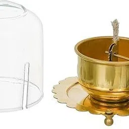 decorvia Golden Brass Oil Diya with Glass Cover for Puja, Festival & Home Décor Decorative Showpiece - 10.2 cm image 3