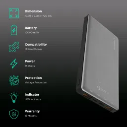 stuffcool PB1071QCPD 10000 mAh Fast Charging Power Bank (1 Type C & 2 USB 3.0 Ports, Plastic Casing, LED Indicator, Grey) image 3