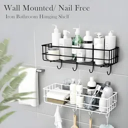 kvs furniture Wall Mount Bathroom Storage Rack Shelf Organizer with Hooks – (Pack of 2) Steel Wall Shelf image 5