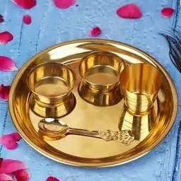 radha Laddu Gopal Bhog Thali Set Bartan for Puja Mandir Size 3 Brass (5 Pieces, Gold) Brass image 3