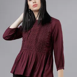tokyo talkies Casual Regular Sleeves Solid Women Maroon Top-picture-26