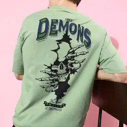 Men Graphic Print Round Neck Cotton Blend Light Green T-Shirt-image-58