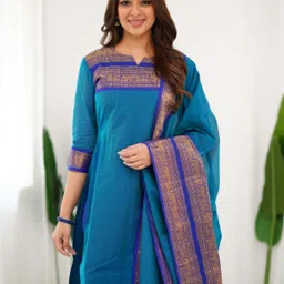 vastrahaar Women Solid Cotton Silk Ethnic Dress With Attached Dupatta image 3