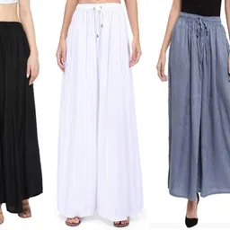 tnq Pack of 3 Women Flared Black, White, Grey Viscose Rayon Trousers-picture-12
