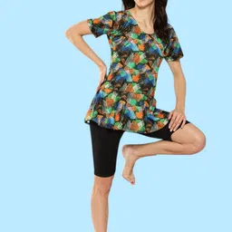 muhuratam Womens Sports Wear Orange-black Colour Printed Nylon Swim Suit With Cap Printed Women Swim-dress Orange Swimsuit image 4