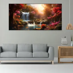 nestroots Black Canvas Framed Enchanted Forest Waterfall Pink Serenity Wall Painting(12X24 Inch)-picture-27
