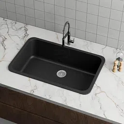 active overseas Sumra G Quartz Single Bowl Matte Finish Kitchen Sink With Drain Board & Drainer Basket|31x19x9 inches Kitchen Sink|Modern Sink for Kitchen| Vessel Sink image 4
