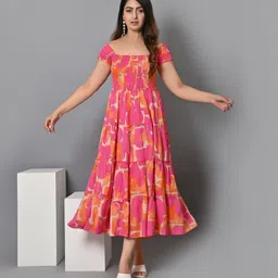 iqraar Women Fit and Flare Beige, Pink, Orange Midi/Calf Length Dress-picture-17