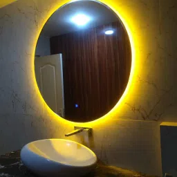 k k glass & aluminium Round Led Mirror With Yellow Light In Silver Colour (36X36) image 1